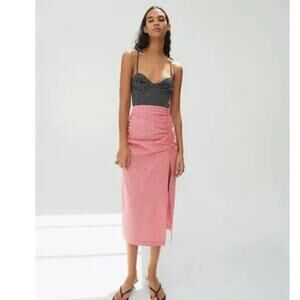 Zara Red White Gingham Midi Skirt Side Slit Mid Rise Ruched Size L Large